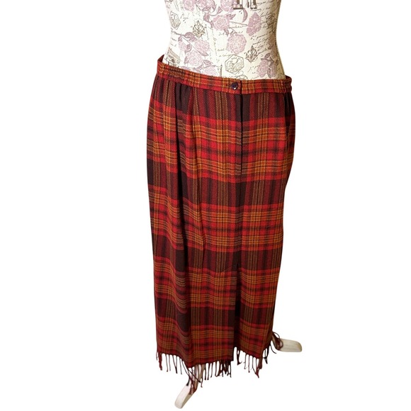 Vintage Plaid Maxi Skirt Red Brown Fringe SZ 8 90s Tweed Fringe Hem Elastic - Picture 3 of 12